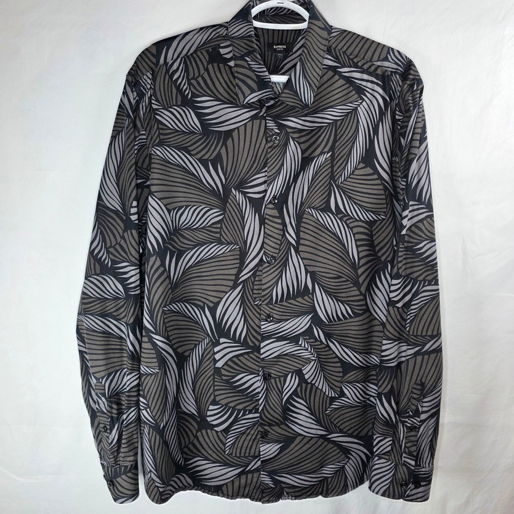Express Slim 1MX Shirt Gray Black Abstract Leaf Print Long Sleeve | Mens Large